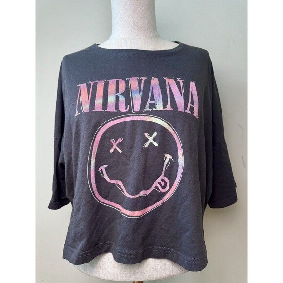 Nirvana Women’s Oversized Crop Tee Short Sleeve Band Top Gray Size M 8-10 - Picture 1 of 10